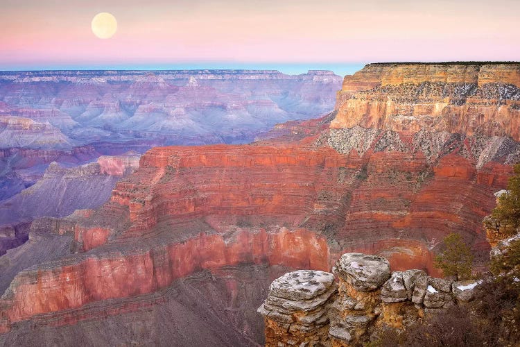 Full Moon Over The Grand Canyon At Sunset As Seen From Pima Point, Grand Canyon National Park, Arizona