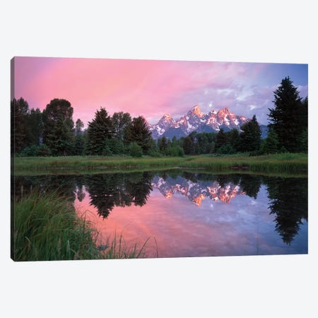Grand Teton Range And Cloudy Sky At Schwabacher Landing, Reflected In The Water, Grand Teton National Park, Wyoming I Canvas Print #TFI403} by Tim Fitzharris Canvas Wall Art