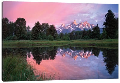 Grand Teton Range And Cloudy Sky At Schwabacher Landing, Reflected In The Water, Grand Teton National Park, Wyoming I Canvas Art Print - Evergreen Tree Art