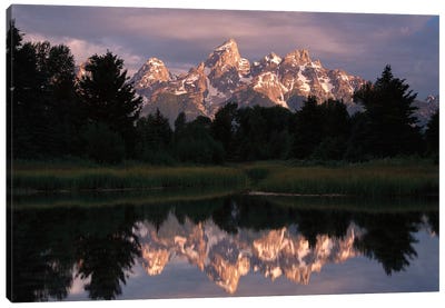 Grand Teton Range And Cloudy Sky At Schwabacher Landing, Reflected In The Water, Grand Teton National Park, Wyoming III Canvas Art Print - Rocky Mountain Art