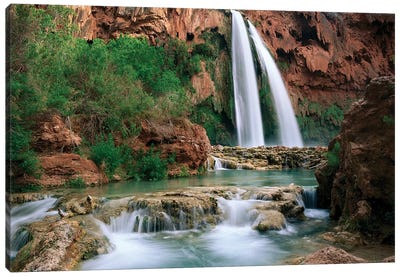Havasu Creek, Which Is Lined With Cottonwood Trees, Being Fed By One Of Its Three Cascades, Havasu Falls, Grand Canyon, Arizona Canvas Art Print - Waterfall Art