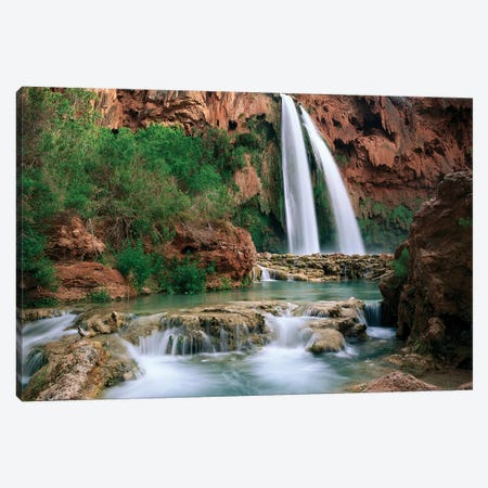 Havasu Creek, Which Is Lined With Cottonwood Trees, Being Fed By One Of Its Three Cascades, Havasu Falls, Grand Canyon, Arizona Canvas Print #TFI454} by Tim Fitzharris Canvas Artwork