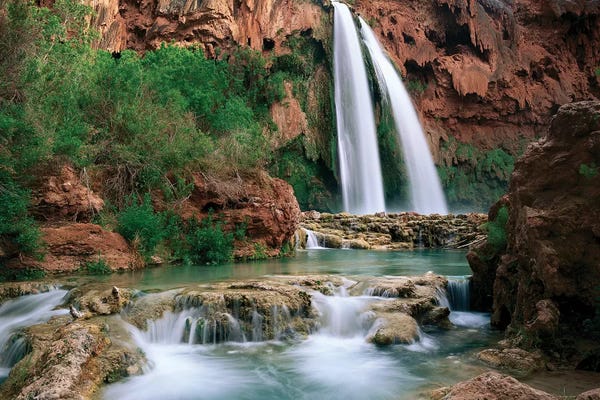 Arizona: Havasu Creek, Which Is Lined With Cottonwood Trees, Being Fed By One Of Its Three Cascades, Havasu Falls, Grand Canyon, Arizona by Tim Fitzharris