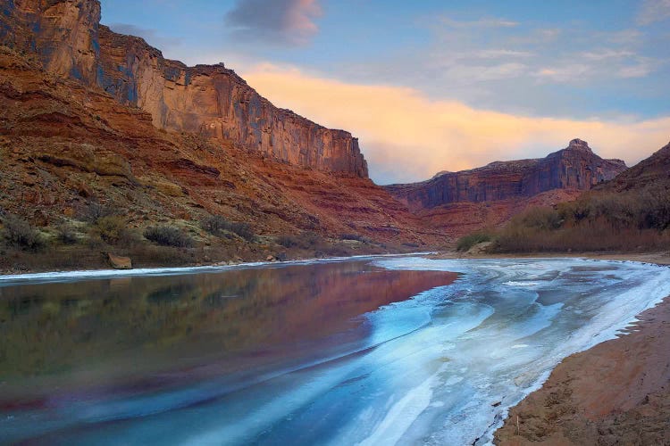 Ice On The Colorado River Beneath Sandstone Cliffs, Cataract Canyon, Utah