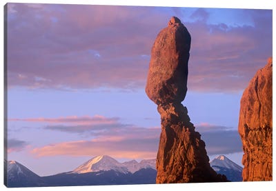 La Sal Mountains And Balanced Rock, Arches National Park, Utah Canvas Art Print - Arches National Park