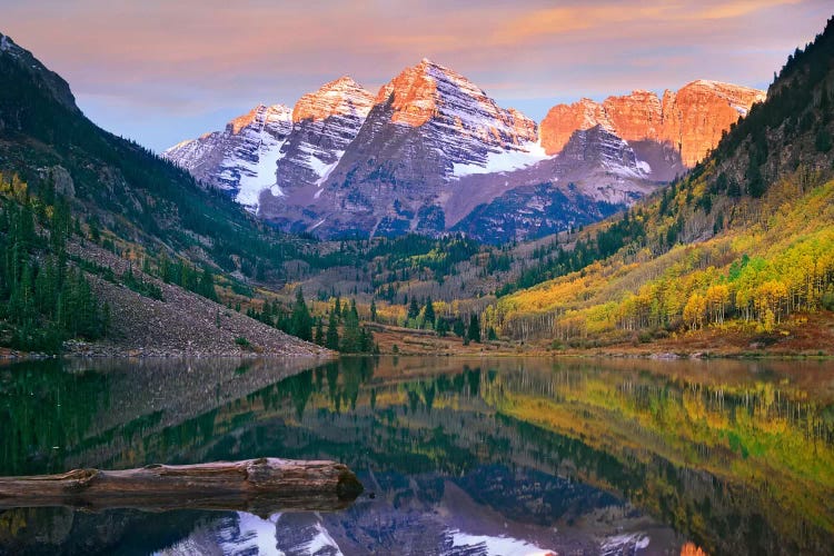 Maroon Bells Peaks Reflected In Maroon Lake, Snowmass Wilderness, Colorado