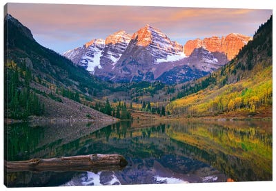 Maroon Bells Peaks Reflected In Maroon Lake, Snowmass Wilderness, Colorado Canvas Art Print - Mountains Scenic Photography