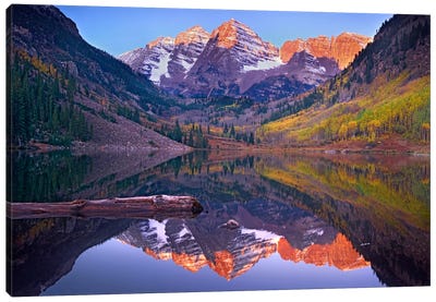 Maroon Bells Reflected In Maroon Bells Lake, Snowmass Wilderness, White River National Forest, Colorado Canvas Art Print - Colorado Art
