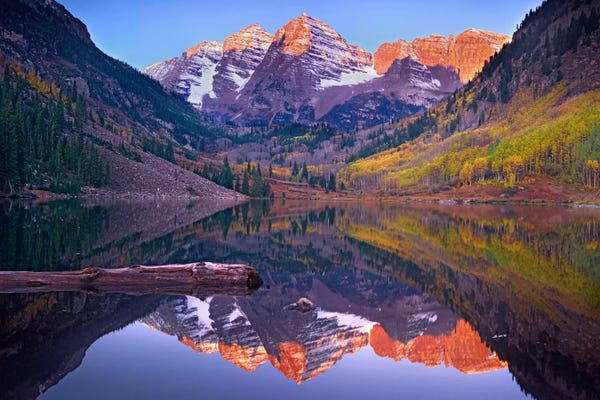Colorado: Maroon Bells Reflected In Maroon Bells Lake, Snowmass Wilderness, White River National Forest, Colorado by Tim Fitzharris