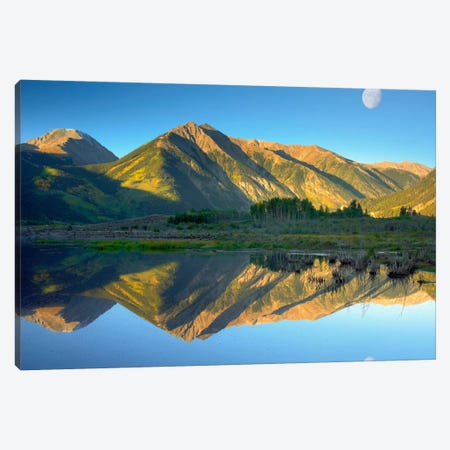 Moon And Twin Peaks Reflected In Lake, Colorado Canvas Print #TFI607} by Tim Fitzharris Canvas Art Print