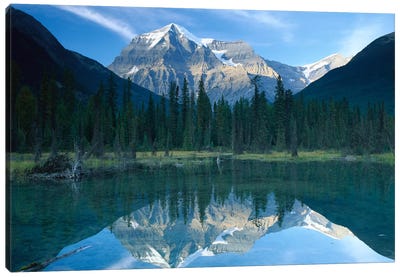 Mt Robson, Highest Peak In The Canadian Rocky Mountains, Reflected In Lake, British Columbia, Canada Canvas Art Print - Canada Art