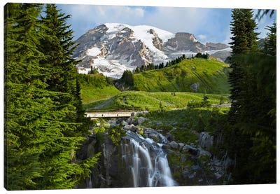 Myrtle Falls And Mount Rainier, Mount Rainier National Park, Washington Canvas Art Print - Waterfall Art