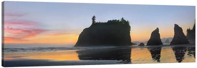 Panorama Of Abby Island And Seastacks Silhouetted At Sunset, Ruby Beach, Olympic National Park, Washington Canvas Art Print - Washington Art