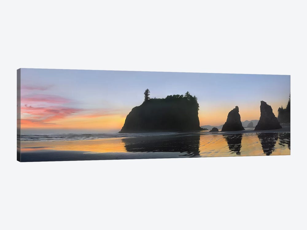 Panorama Of Abby Island And Seastacks Silhouetted At Sunset, Ruby Beach, Olympic National Park, Washington by Tim Fitzharris 1-piece Canvas Artwork
