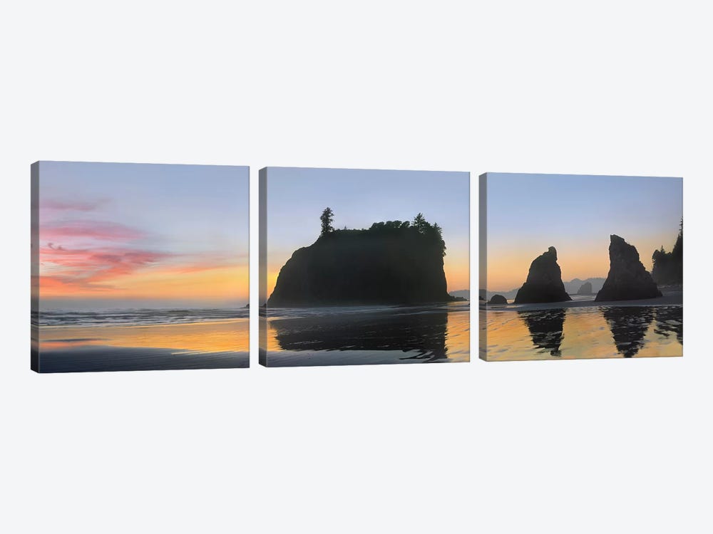 Panorama Of Abby Island And Seastacks Silhouetted At Sunset, Ruby Beach, Olympic National Park, Washington by Tim Fitzharris 3-piece Canvas Artwork