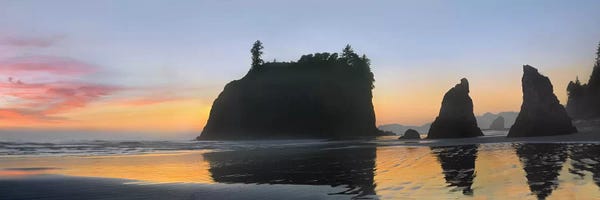 Places: Panorama Of Abby Island And Seastacks Silhouetted At Sunset, Ruby Beach, Olympic National Park, Washington by Tim Fitzharris