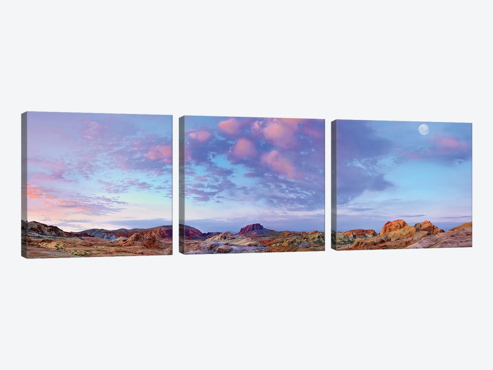 Panoramic Of Moon Over Sandstone Formations, Valley Of Fire State Park, Mojave Desert, Nevada by Tim Fitzharris 3-piece Canvas Artwork