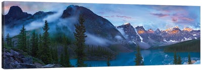 Panoramic View Of Wenkchemna Peaks And Moraine Lake, Valley Of Ten Peaks, Banff National Park, Alberta, Canada Canvas Art Print - Panoramic Photography