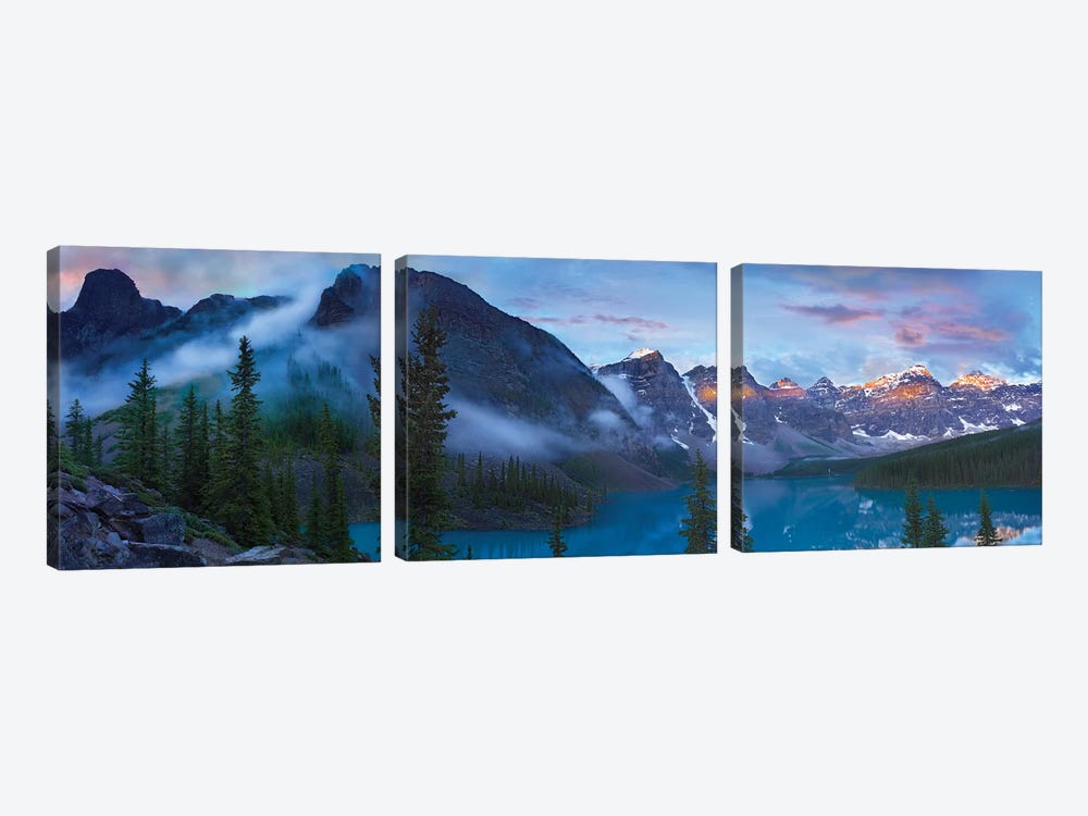 Panoramic View Of Wenkchemna Peaks And Moraine Lake, Valley Of Ten Peaks, Banff National Park, Alberta, Canada by Tim Fitzharris 3-piece Canvas Art Print
