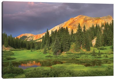 Red Mountain And Pond, Near Ouray, Colorado Canvas Art Print - Pine Tree Art