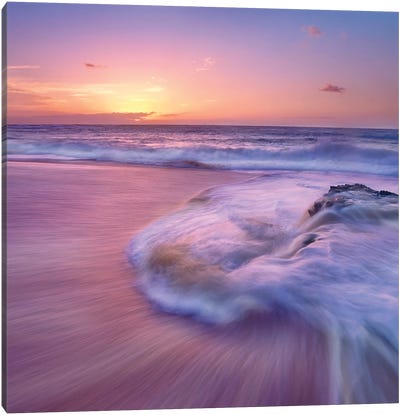 Sandy Beach At Sunset, Oahu, Hawaii Canvas Art Print - Sunset Shades