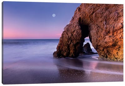 Sea Arch And Full Moon Over El Matador State Beach, Malibu, California Canvas Art Print - Malibu