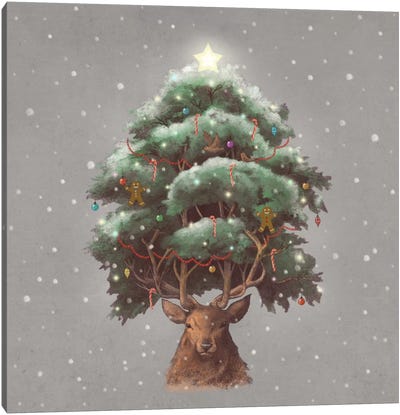 Reindeer Tree Canvas Art Print - Children's Illustrations 
