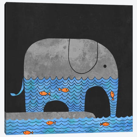 Thirsty Elephant Square Canvas Print #TFN211} by Terry Fan Canvas Artwork