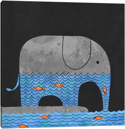 Thirsty Elephant Square Canvas Art Print - Animal Illustrations