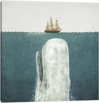 White Whale Square Canvas Art Print - Book Illustrations 