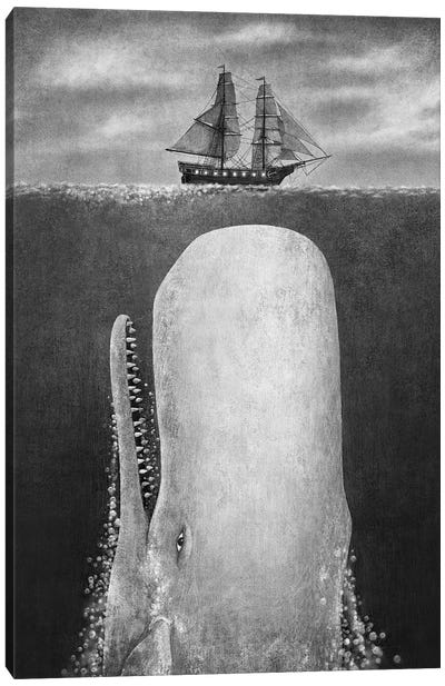 The Whale Grayscale Canvas Art Print - Children's Illustrations 