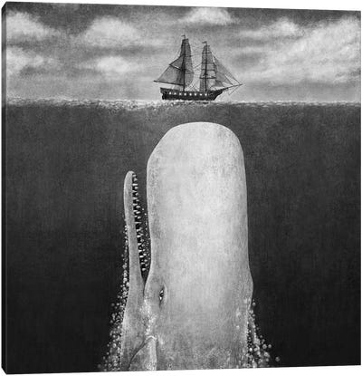 The Whale Grayscale Square Canvas Art Print - Children's Illustrations 