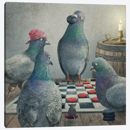 Checker Playing Pigeons Canvas Print #TFN282} by Terry Fan Canvas Art Print