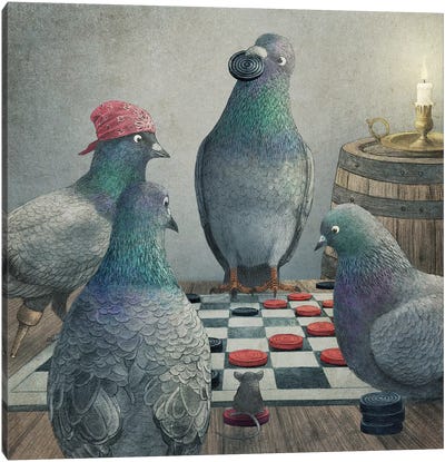 Checker Playing Pigeons Canvas Art Print - Children's Illustrations 