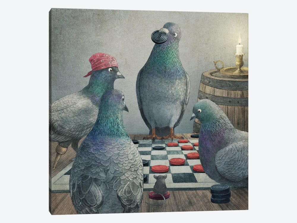 Checker Playing Pigeons by Terry Fan 1-piece Canvas Print
