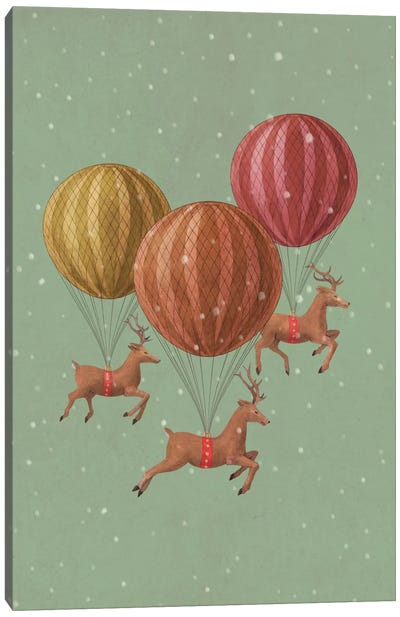 Flight Of The Deer Green Canvas Art Print - Hot Air Balloon Art