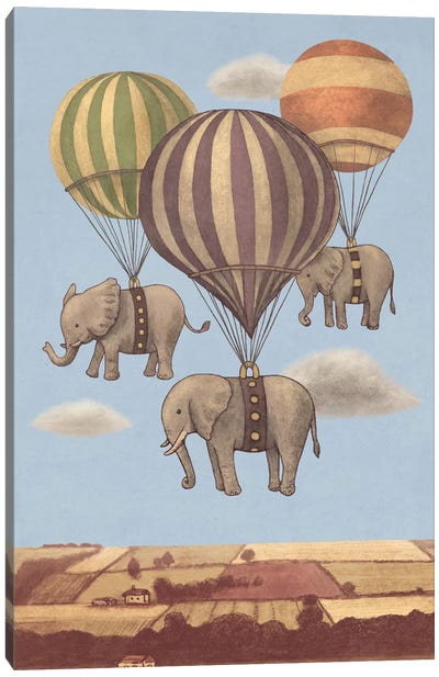 Flight Of The Elephants Blue Canvas Art Print - Book Illustrations 