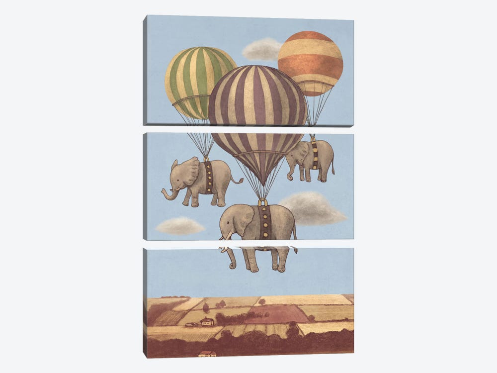 Flight Of The Elephants Blue by Terry Fan 3-piece Canvas Print