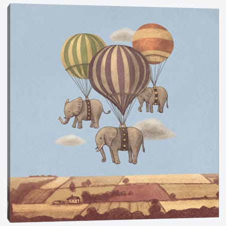 Flight Of The Elephants Blue Square Canvas Print #TFN87} by Terry Fan Canvas Wall Art