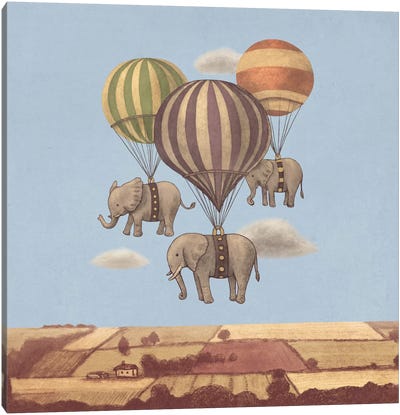 Flight Of The Elephants Blue Square Canvas Art Print - Children's Illustrations 