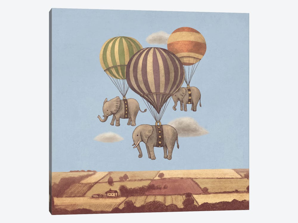 Flight Of The Elephants Blue Square by Terry Fan 1-piece Canvas Wall Art