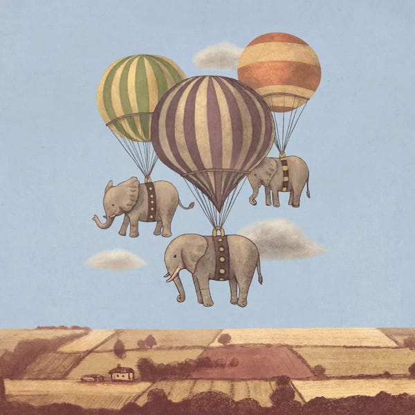 Terry Fan: Flight Of The Elephants Blue Square by Terry Fan