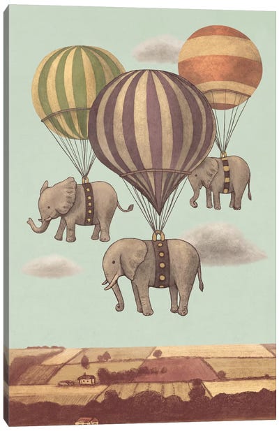 Flight Of The Elephants Mint Canvas Art Print - Animal Illustrations