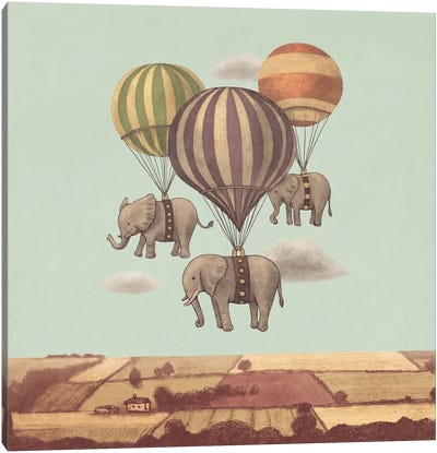 Flight Of The Elephants Mint Square Canvas Art Print - Nursery Room Art
