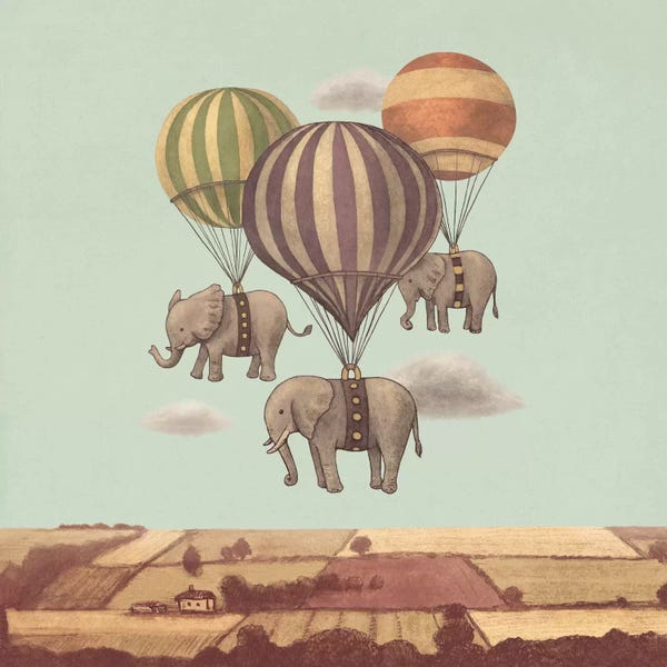 Children's Illustrations: Flight Of The Elephants Mint Square by Terry Fan