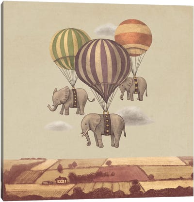 Flight Of The Elephants Square Canvas Art Print - Children's Illustrations 