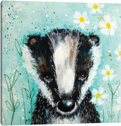 The Badger In My Daisies Canvas Art Print - Badger Art