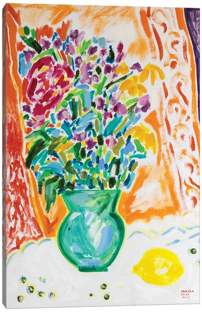 Vase Of Flowers And A Lemon Canvas Art Print - Tamara Jare
