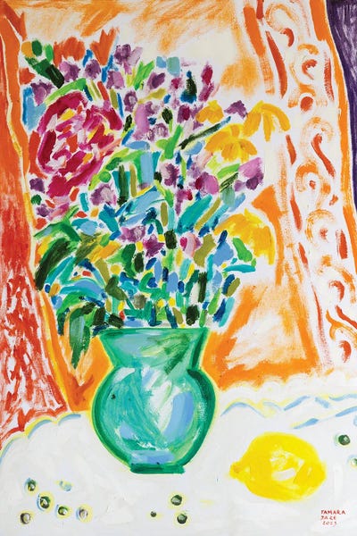 Tamara Jare: Vase Of Flowers And A Lemon by Tamara Jare