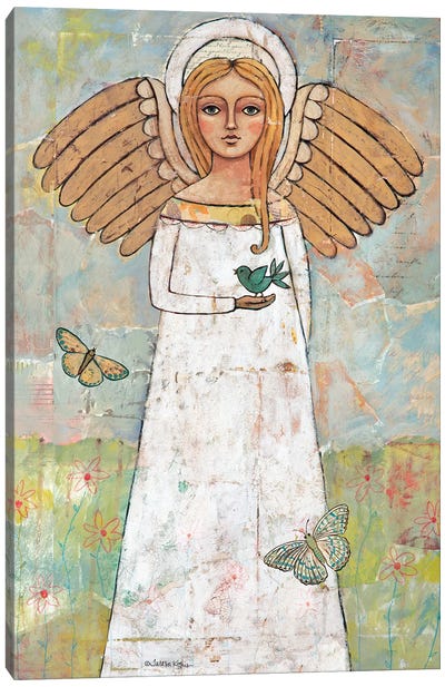 Angel From The Meadow With Bird Canvas Art Print - Angel Art